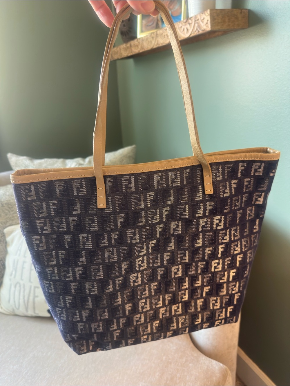 Fendi Denim Tote with Tan Leather Trim